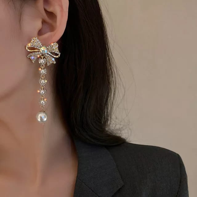 Yu Fashions Rhinestone Bow Knot Pearl Drop Trending Korean Earrings Pair