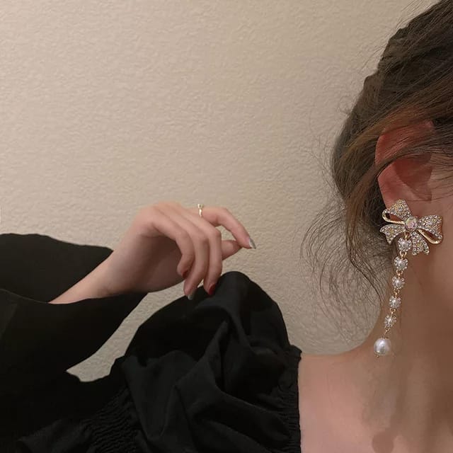 Yu Fashions Rhinestone Bow Knot Pearl Drop Trending Korean Earrings Pair