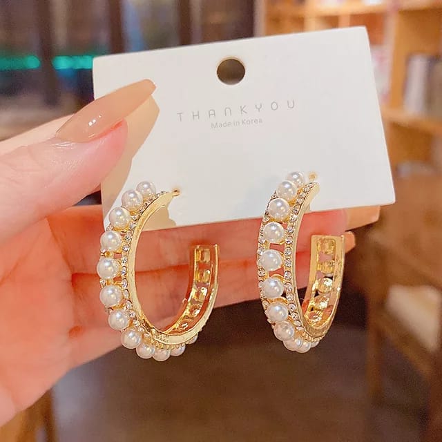 Yu Fashions Pearl Golden Hoop Korean Earrings Pair