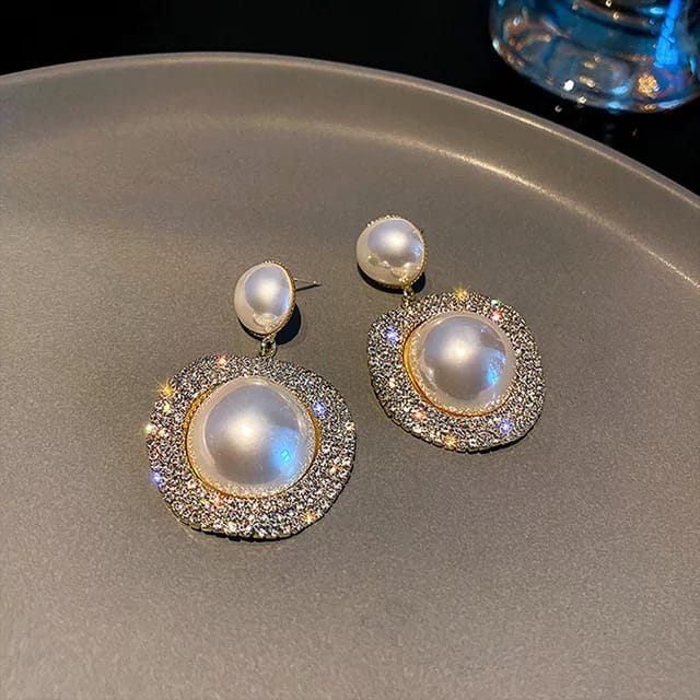YU Fashions Pearl Dual High Fashion Rhinstone Korean Earring Pair