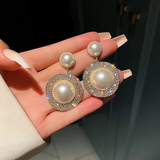 YU Fashions Pearl Dual High Fashion Rhinstone Korean Earring Pair