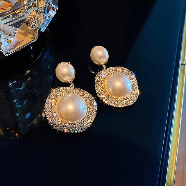 YU Fashions Pearl Dual High Fashion Rhinstone Korean Earring Pair