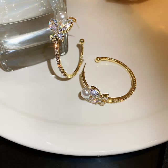 Yu Fashions Flower Rhinestone Hoop Korean Earrings Pair