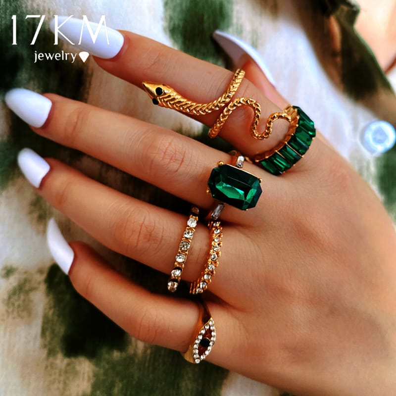 Yu Fashions Green Emerald Stones Snake animal Evil Eye Ring Set of 6