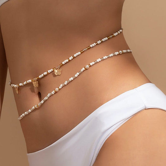 Yu Fashions White Golden Beads Butterfly Adjustable Korean Waist Belly Chain Belt