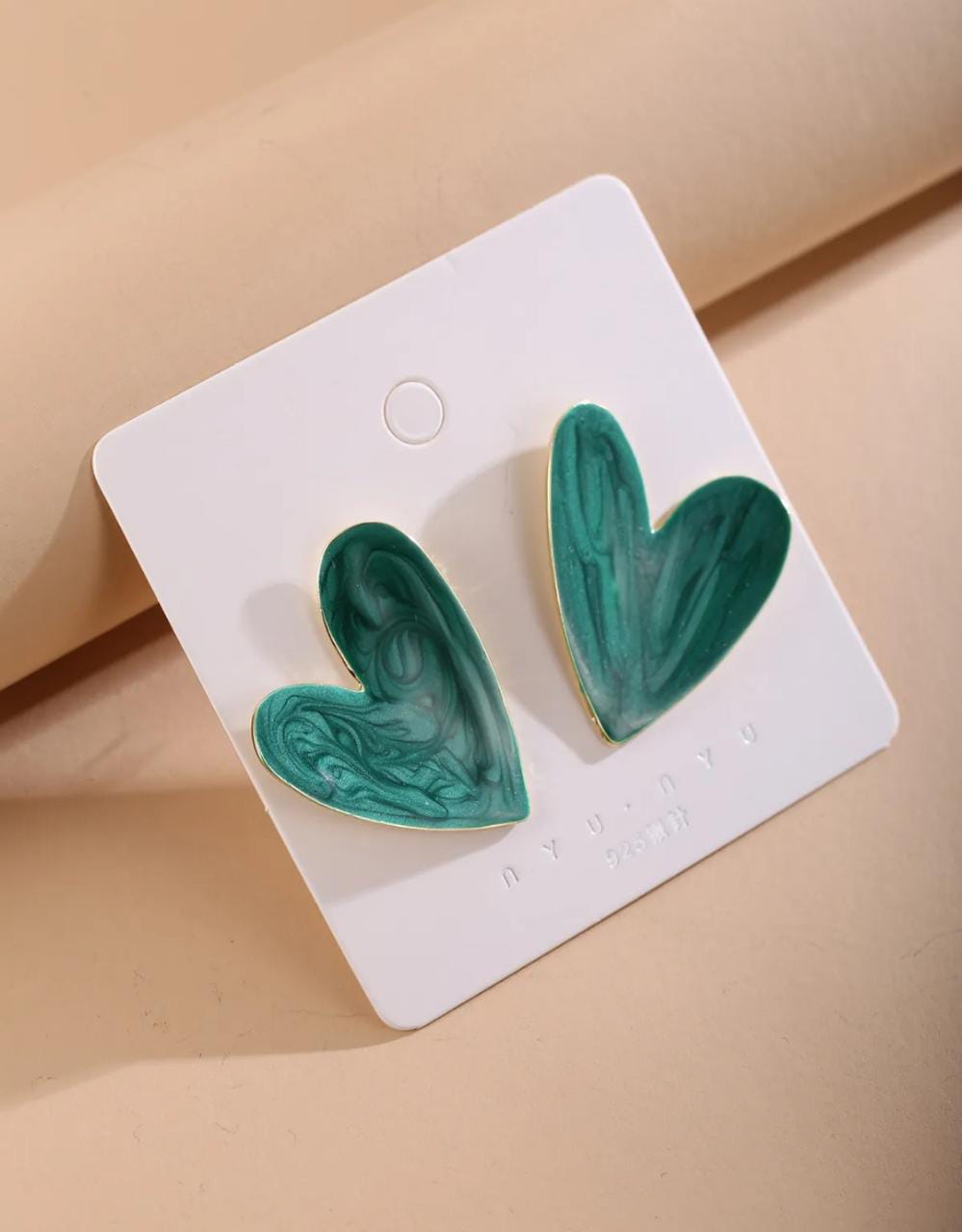 Yu Fashions Green Marble Printed Heart Shaped Korean Earrings pair