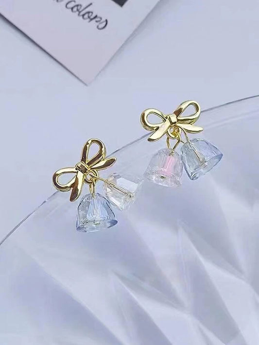 Yu Fashions Christmas Bell Crystal Golden Ribbon Korean Earrings Pair