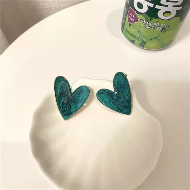 Yu Fashions Green Marble Printed Heart Shaped Korean Earrings pair