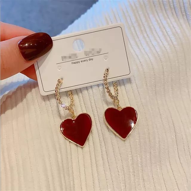 Yu Fashions Heart Shaped Red Golden High Fashion Korean Earrings Pair