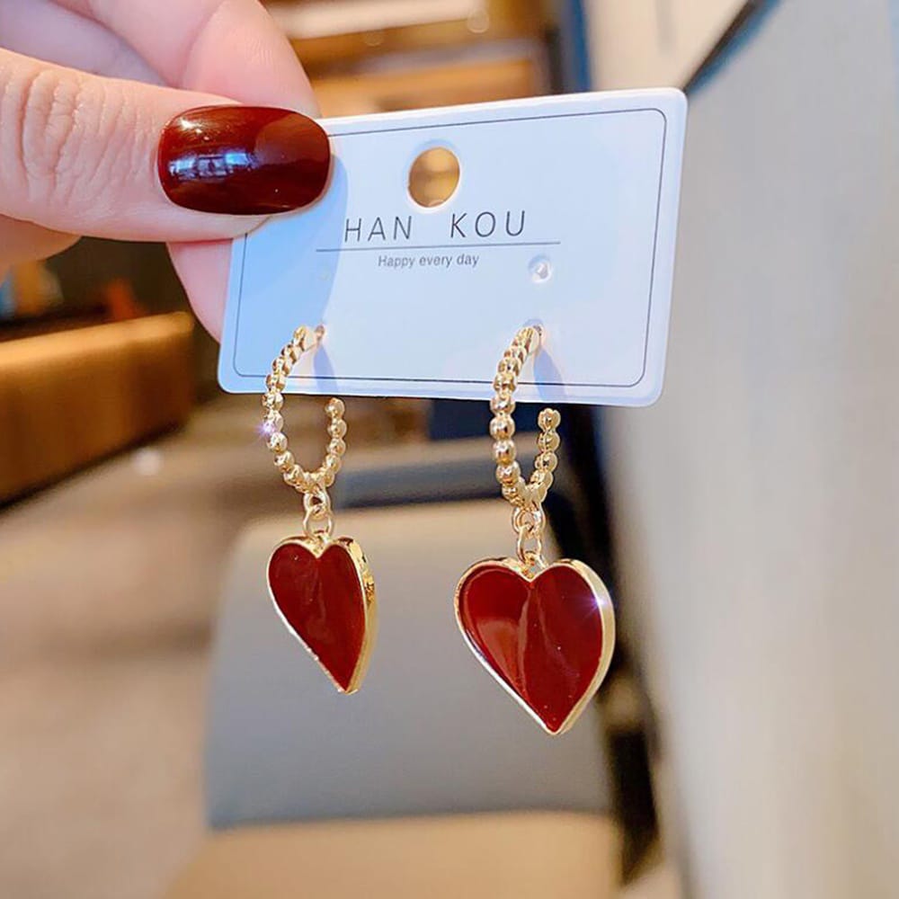 Yu Fashions Heart Shaped Red Golden High Fashion Korean Earrings Pair