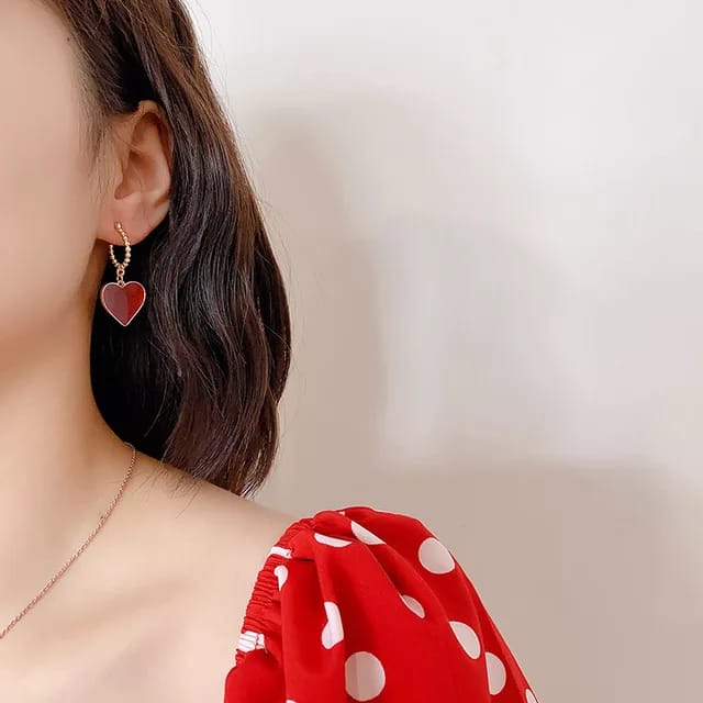 Yu Fashions Heart Shaped Red Golden High Fashion Korean Earrings Pair