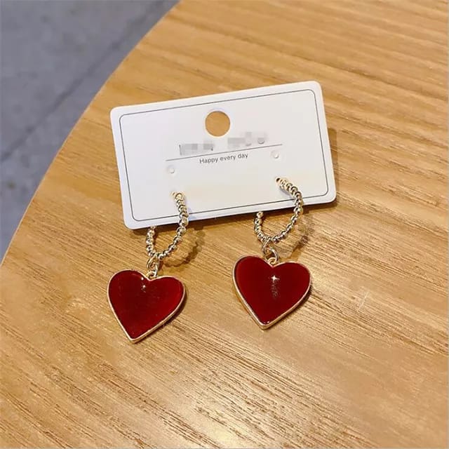 Yu Fashions Heart Shaped Red Golden High Fashion Korean Earrings Pair