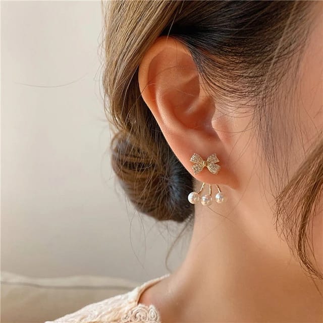 Yu Fashions Rhinestone Bow Pearl Korean Earrings Pair