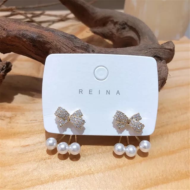 Yu Fashions Rhinestone Bow Pearl Korean Earrings Pair