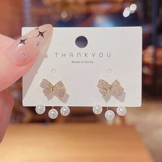 Yu Fashions Rhinestone Bow Pearl Korean Earrings Pair
