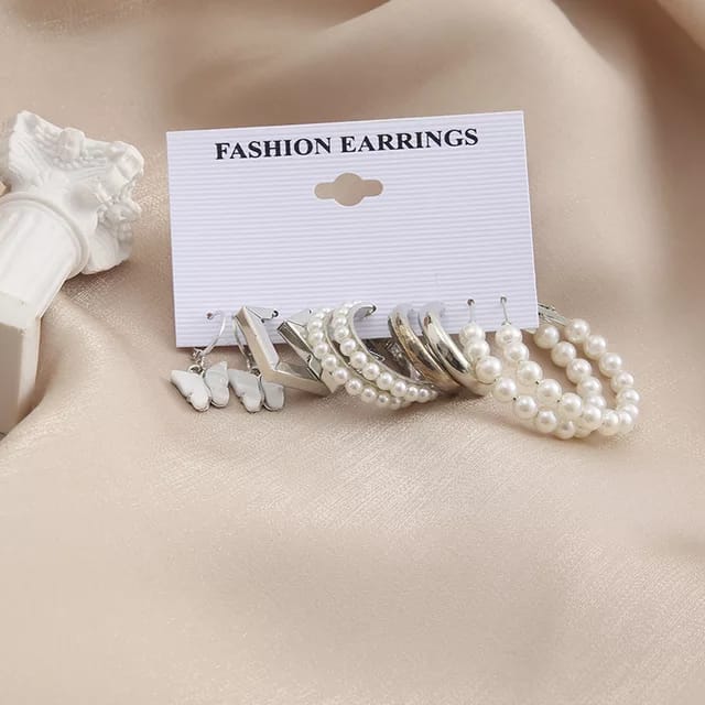 Yu Fashions White Pearl Square Korean Earrings Pair of 5