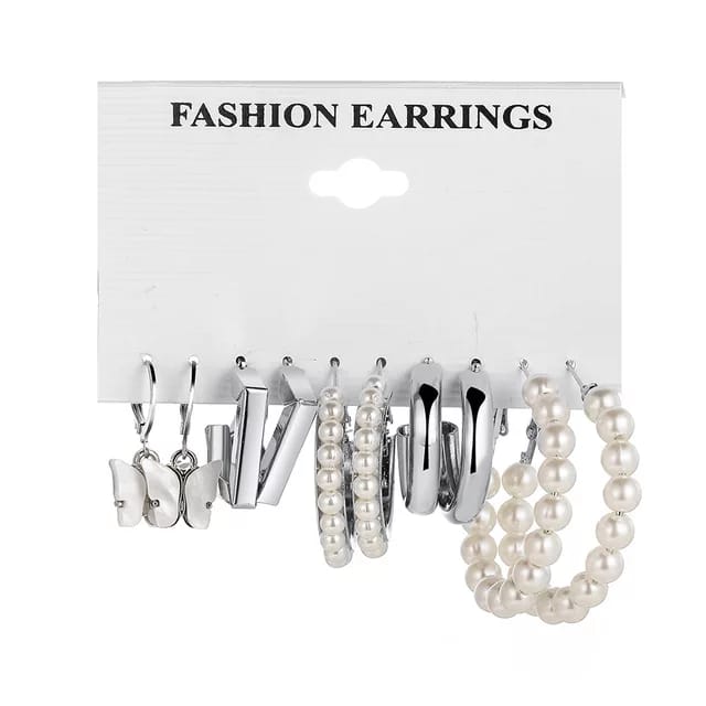 Yu Fashions White Pearl Square Korean Earrings Pair of 5