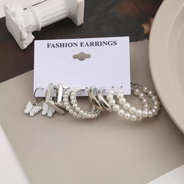 Yu Fashions White Pearl Square Korean Earrings Pair of 5