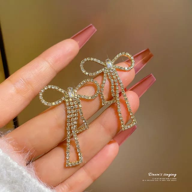 Yu Fashions Bow Shaped Rhinestone High Fashion Korean earrings Pair