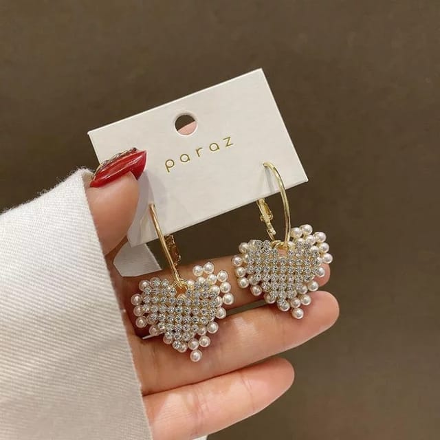 Yu Fashions Heart Shaped Pearl Rhinestone dual Layered Korean Earrings Pair
