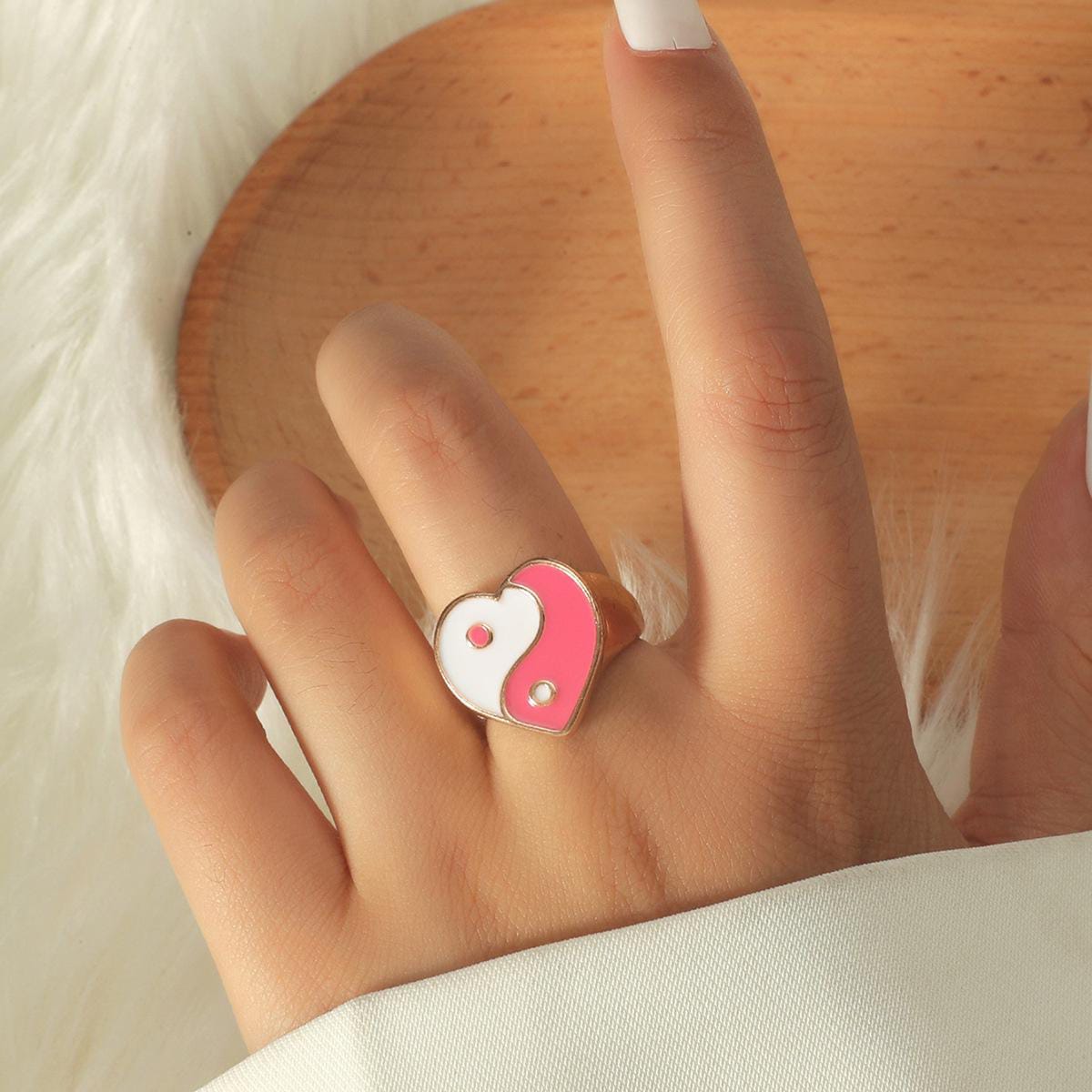 Yu Fashions Pink White Yin Yang Golden Adjustable Korean Ring