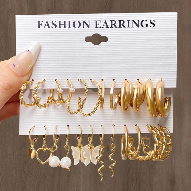 Yu Fashions Golden Pearl Snake Hoop Cute Korean Earrings Pair of 12