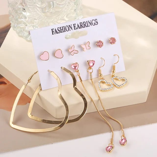 Yu Fashions Heart Golden Pink Crystal High Fashion Korean earrings Pair of 6