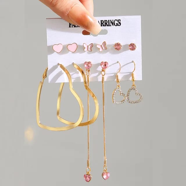 Yu Fashions Heart Golden Pink Crystal High Fashion Korean earrings Pair of 6