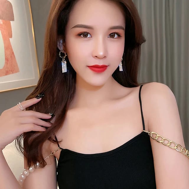 YU Fashions Circle Rectangular Rhinestone Shaped Korean Earrings Pair