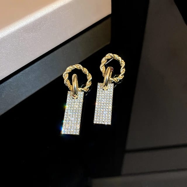 YU Fashions Circle Rectangular Rhinestone Shaped Korean Earrings Pair