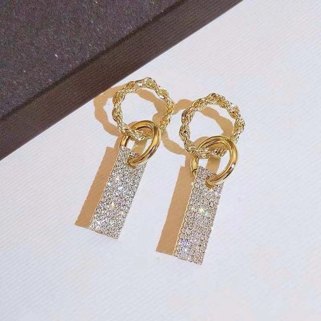 YU Fashions Circle Rectangular Rhinestone Shaped Korean Earrings Pair
