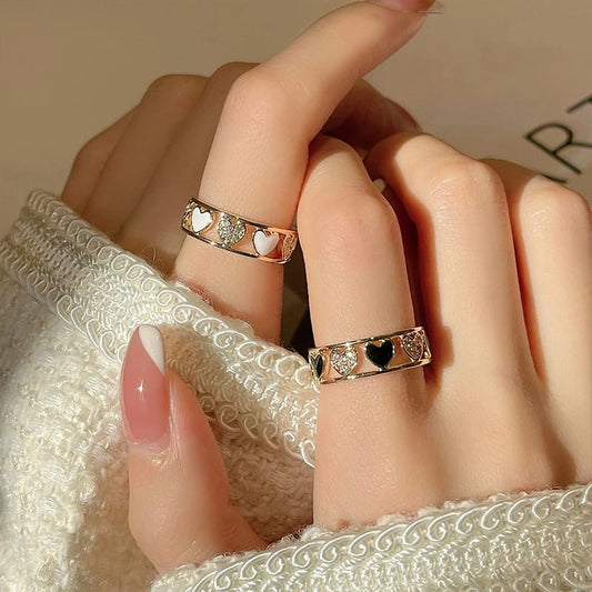 Yu Fashions Cute Adjustable Enamel Heart Shaped  Shimmer Couple Ring Set of 2