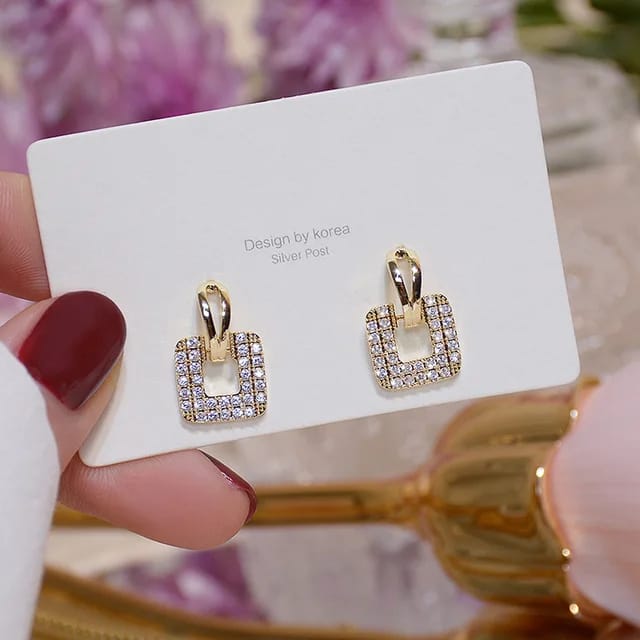 Yu Fashions Geometrical Rectangular Shaped Rhinestone Korean Earrings Pair