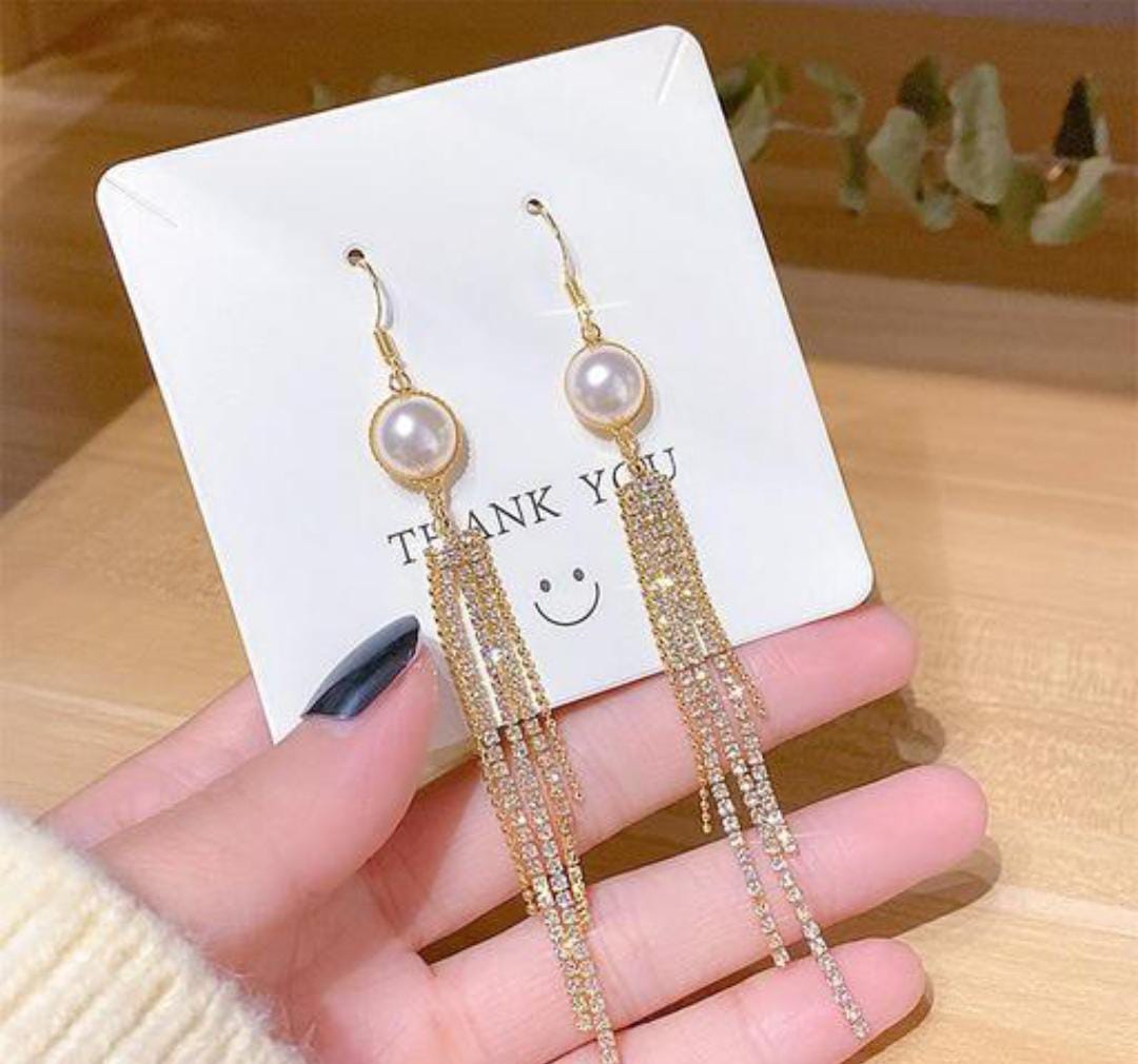 Yu Fashions Pearl Golden Tassel Korean Earrings Pair