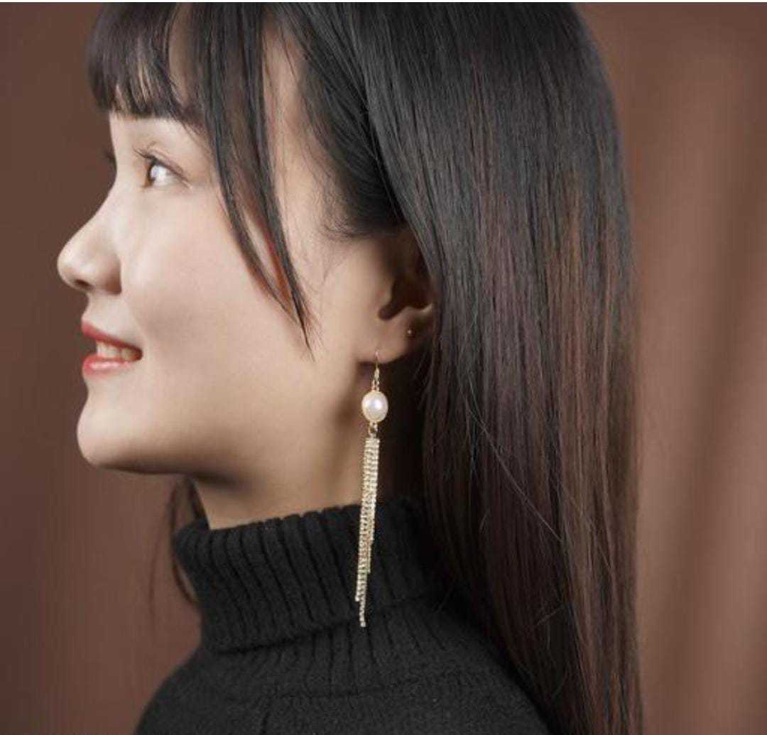 Yu Fashions Pearl Golden Tassel Korean Earrings Pair