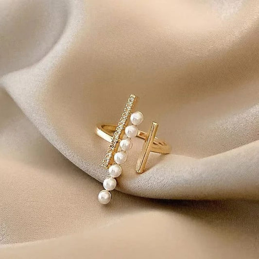 Yu Fashions Pearl Diagonal Line Adjustable Korean Ring