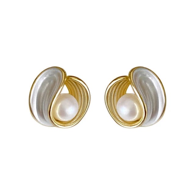 Yu Fashions Twisted Enamel Painted Pearl Korean Earrings Stud Pair