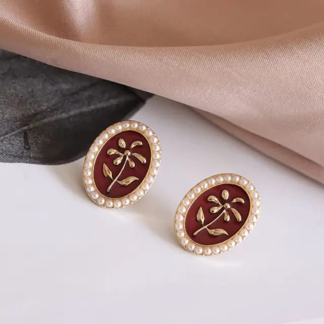 Yu Fashions Red Vintage Oval Shaped High Fashion Korean Earrings Stud pair