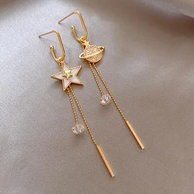 Yu Fashions Star Moon Globe Earth Asymmetrical High Fashion Korean Earrings Pair