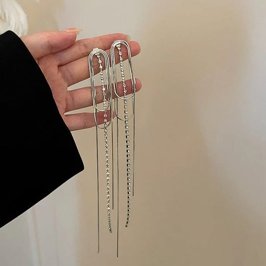 Yu Fashions Chain Tassel Silver Rhinestone High Fashion Extra Long Korean Earrings Pair