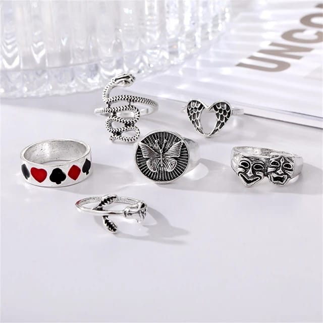 YU Fashions Snake Butterfly Black & Red Heart Mask Rose Heart Wing Korean Ring Set of 6