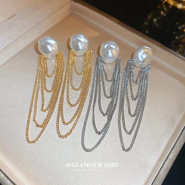 Yu Fashions Luxury High-End Pearl Bohemian Chain Tassel Korean Earrings for women