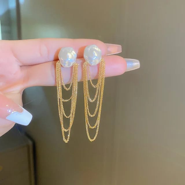 Yu Fashions Luxury High-End Pearl Bohemian Chain Tassel Korean Earrings for women