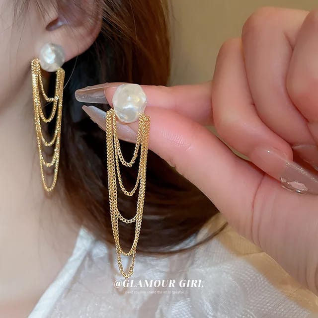 Yu Fashions Luxury High-End Pearl Bohemian Chain Tassel Korean Earrings for women