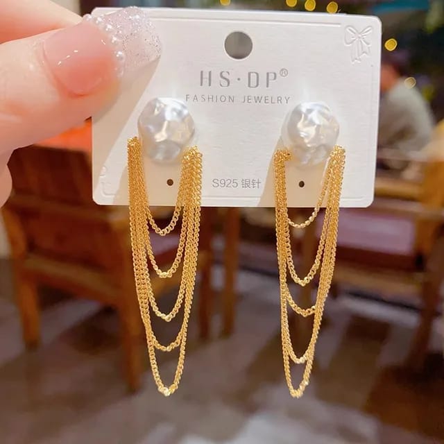 Yu Fashions Luxury High-End Pearl Bohemian Chain Tassel Korean Earrings for women