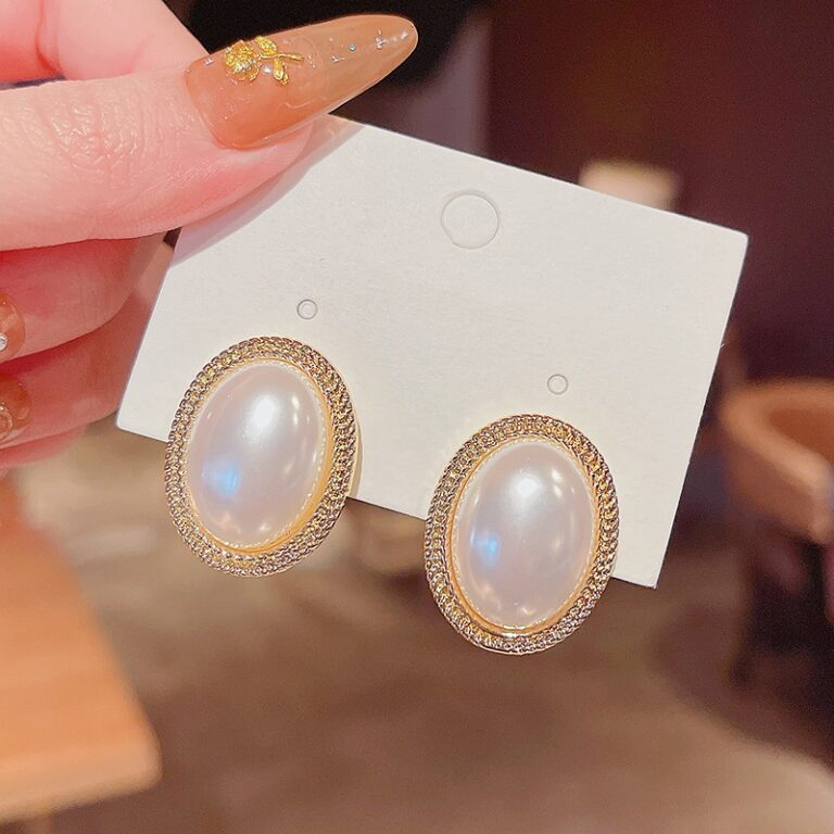 Yu Fashions Big Vintage Oval Shaped Pearl Korean Earrings Pair