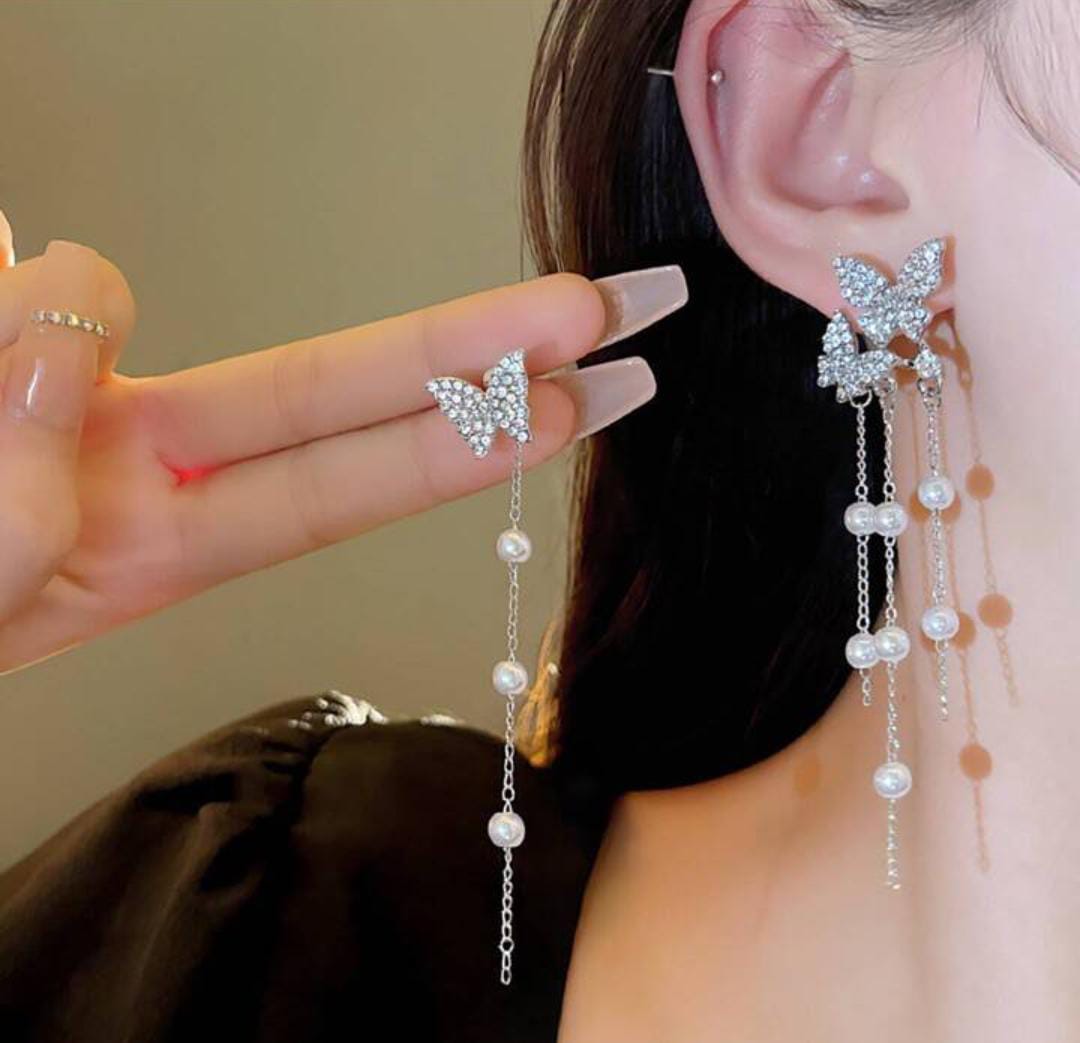 Yu Fashions Dual Butterfly Pearl Drop Korean Earrings Pair