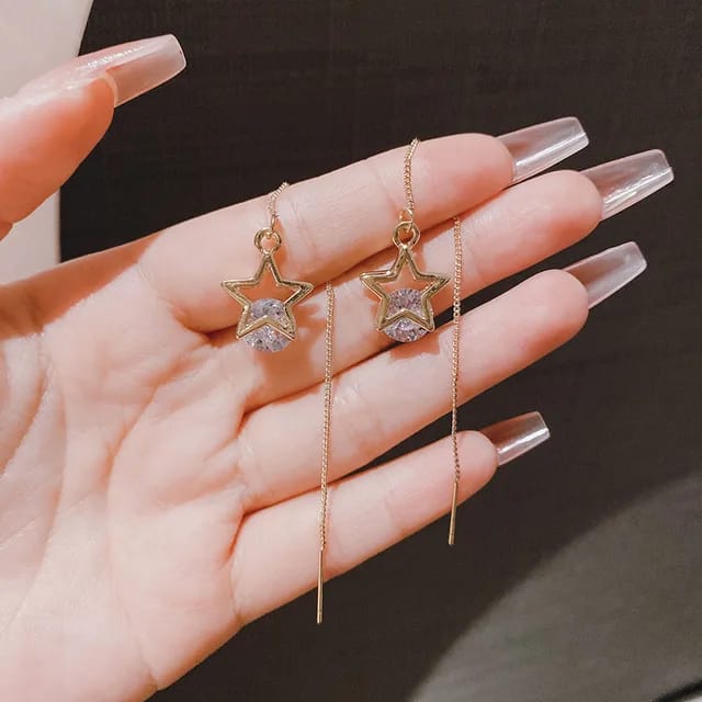 Yu Fashions Star Rhinestone Needle Thread Style Cute Korean Earrings Pair