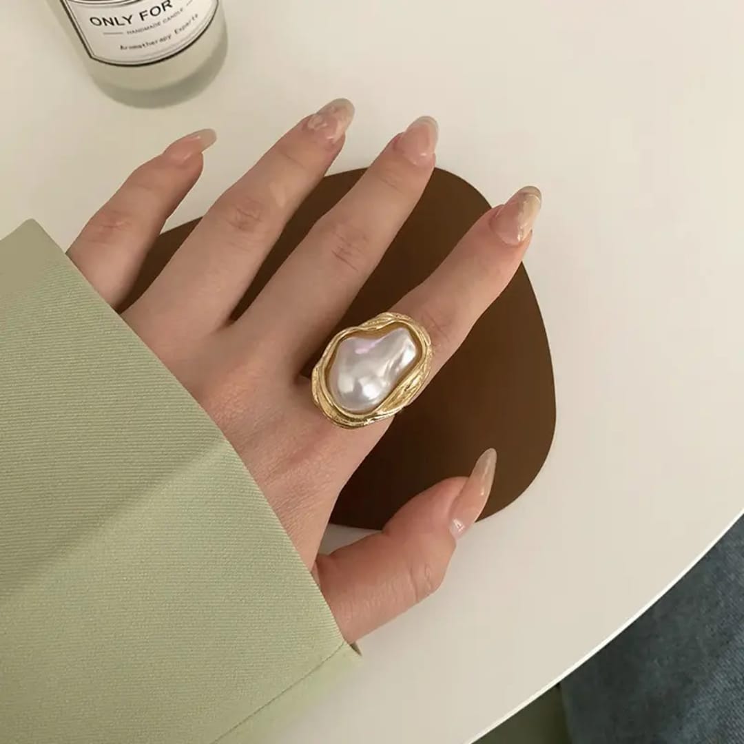 Yu Fashions Big Melted Irregular Twisted Geometric Boho Adjustable Metallic Pearl Vintage Classy Korean Ring
