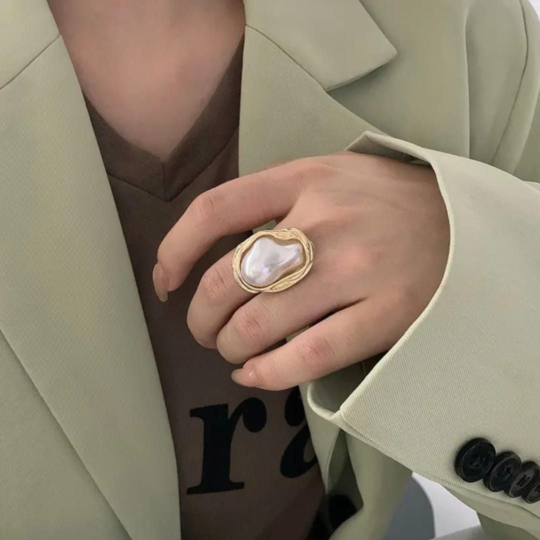 Yu Fashions Big Melted Irregular Twisted Geometric Boho Adjustable Metallic Pearl Vintage Classy Korean Ring